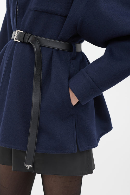 Prada Navy Wool Belted Logo Jacket