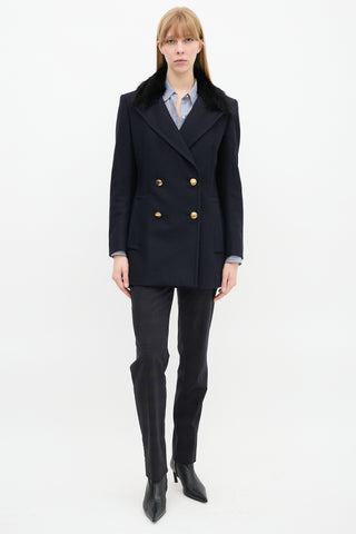 Prada Navy Wool 
Nylon Fur Collar Pea Coat