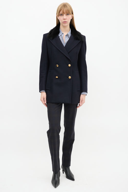 Prada Navy Wool 
Nylon Fur Collar Pea Coat