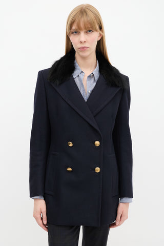 Prada Navy Wool 
Nylon Fur Collar Pea Coat