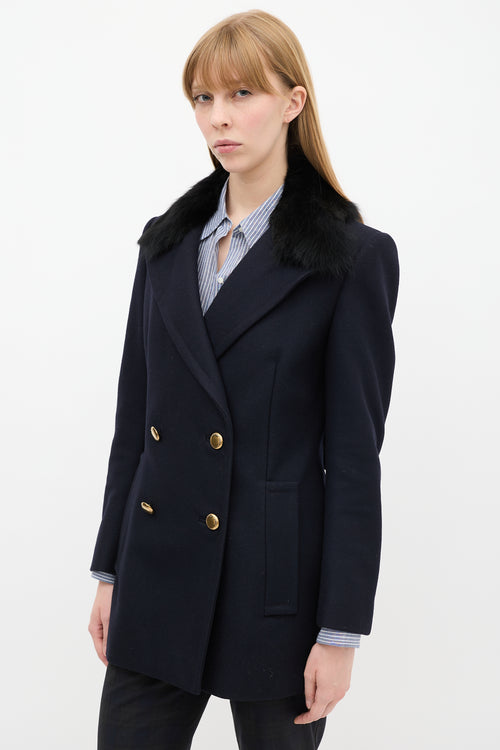 Prada Navy Wool 
Nylon Fur Collar Pea Coat