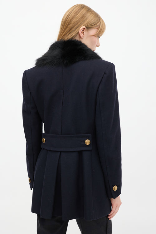 Prada Navy Wool 
Nylon Fur Collar Pea Coat