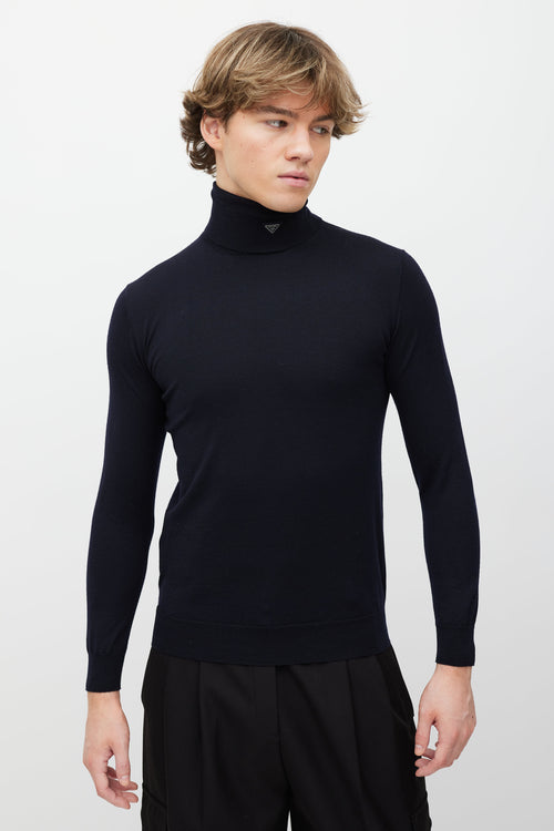 Prada Navy Wool Triangle Logo Turtleneck