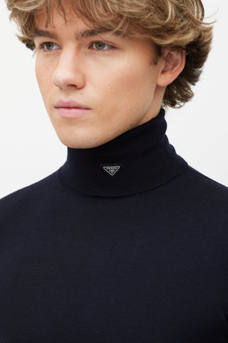 Prada Navy Wool Triangle Logo Turtleneck