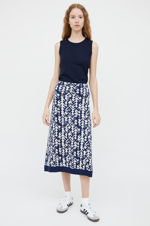 Prada Navy 
White Wool Blend Skirt