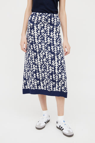 Prada Navy 
White Wool Blend Skirt