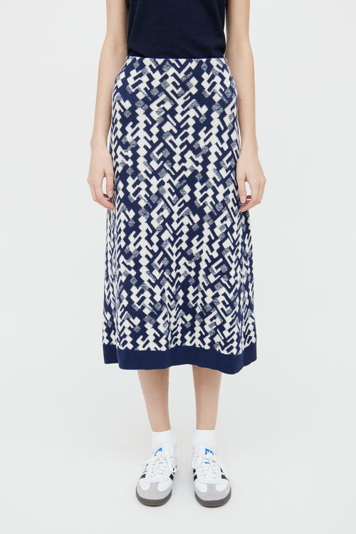 Prada Navy 
White Wool Blend Skirt