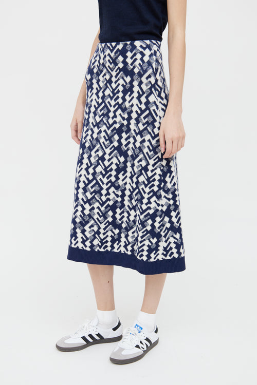 Prada Navy 
White Wool Blend Skirt