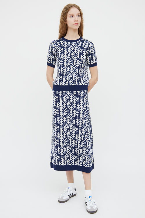 Prada Navy 
White Wool Blend Skirt