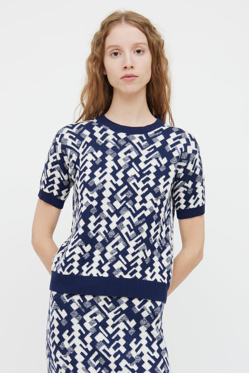 Prada Navy 
White Wool Blend Short Sleeve Top