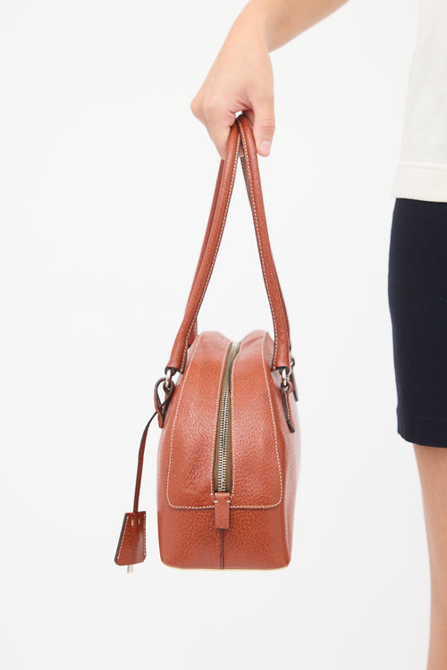 Prada Brown Leather Logo Bowling Bag