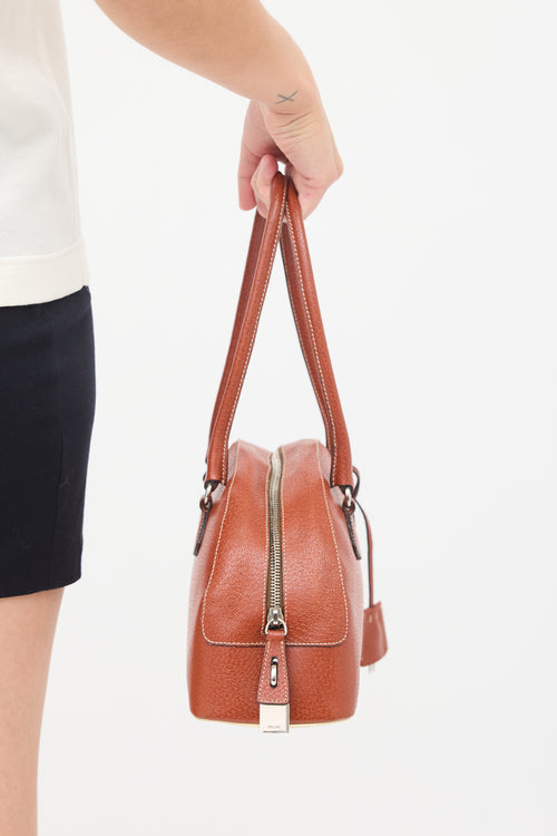 Prada Brown Leather Logo Bowling Bag