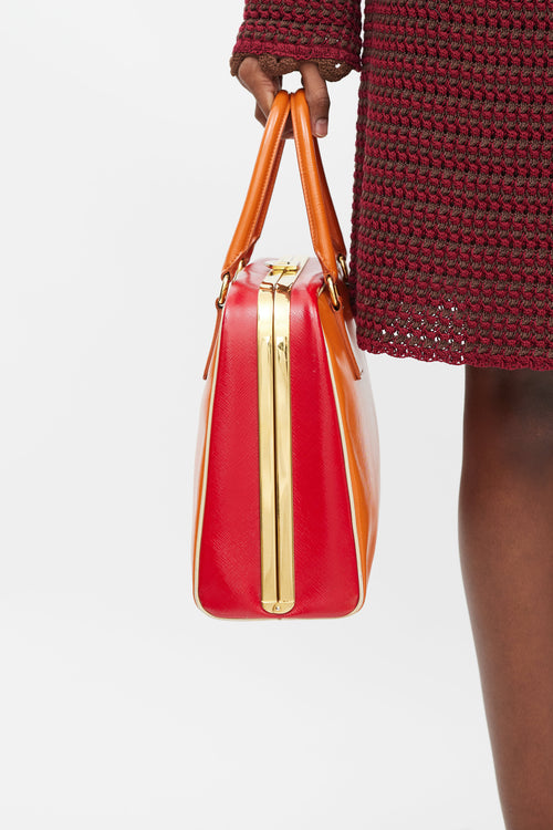 Prada Orange 
Red Saffiano Vernice Pyramid Frame Bag