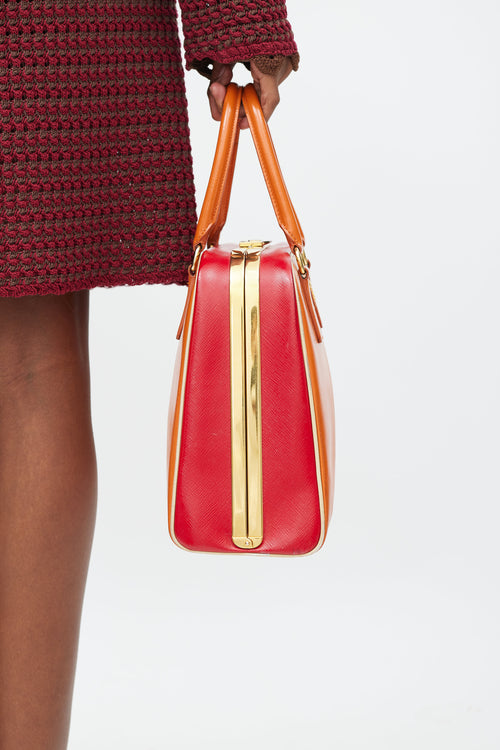 Prada Orange 
Red Saffiano Vernice Pyramid Frame Bag