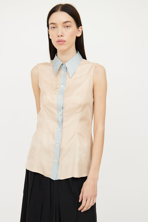 Prada Pink 
Blue Silk Button Top