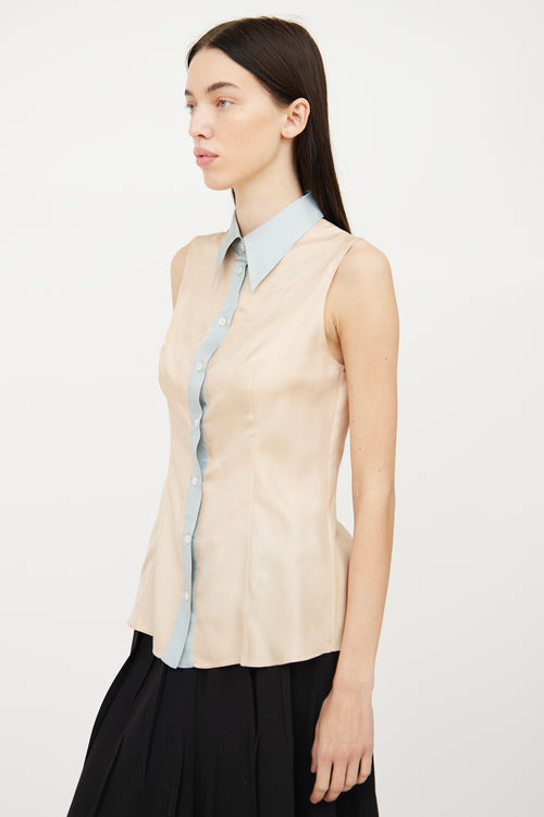 Prada Pink 
Blue Silk Button Top