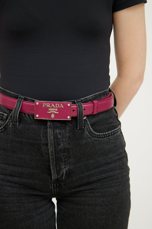 Prada Purple Saffiano Rectangle Logo Belt