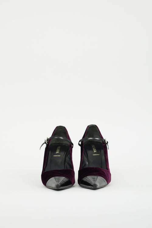 Prada Purple Velvet 
Black Leather  Pump