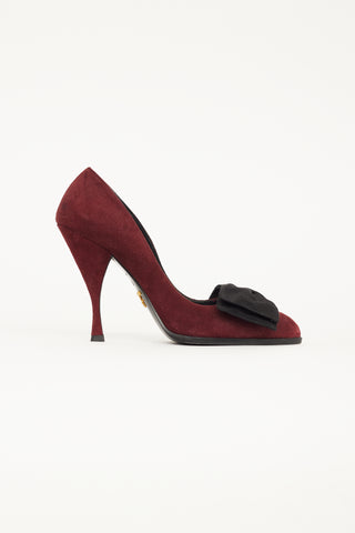 Prada Burgundy Suede 
Black Velvet Bow Pump