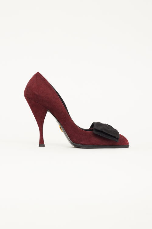 Prada Burgundy Suede 
Black Velvet Bow Pump