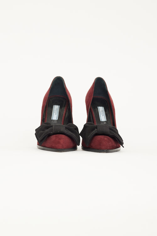 Prada Burgundy Suede 
Black Velvet Bow Pump