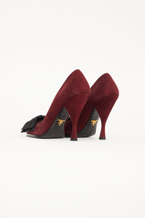 Prada Burgundy Suede 
Black Velvet Bow Pump