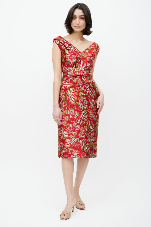 Prada Red 
Gold Floral Jacquard Bowtie Dress