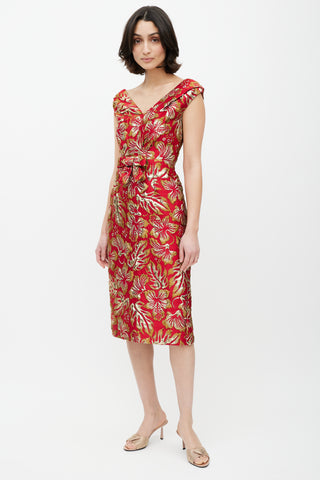 Prada Red 
Gold Floral Jacquard Bowtie Dress