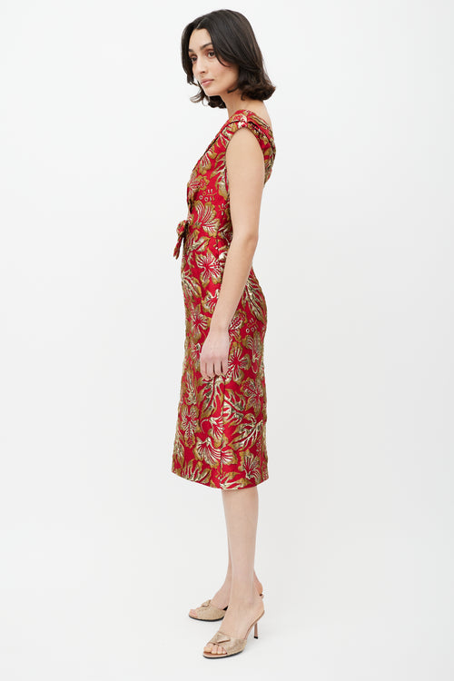 Prada Red 
Gold Floral Jacquard Bowtie Dress