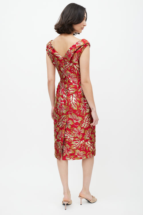 Prada Red 
Gold Floral Jacquard Bowtie Dress