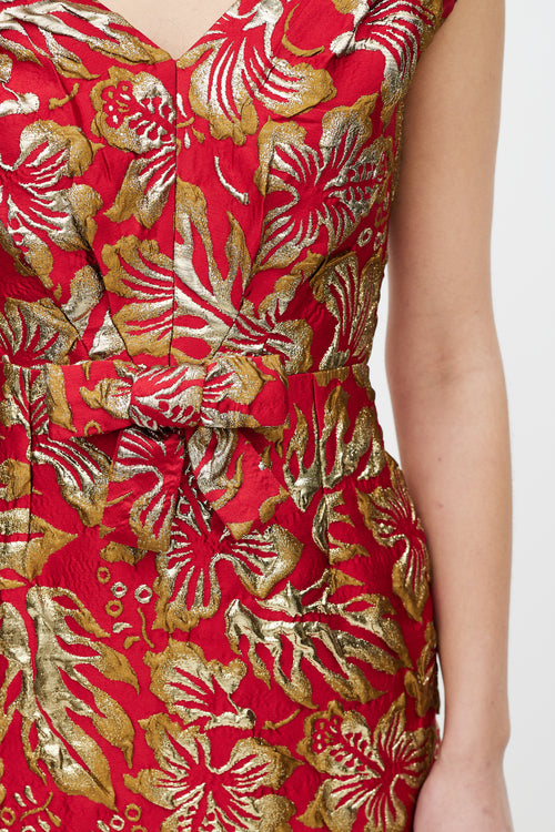 Prada Red 
Gold Floral Jacquard Bowtie Dress