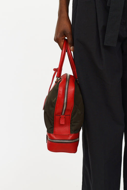 Prada Green 
Red Nylon Bowler Bag