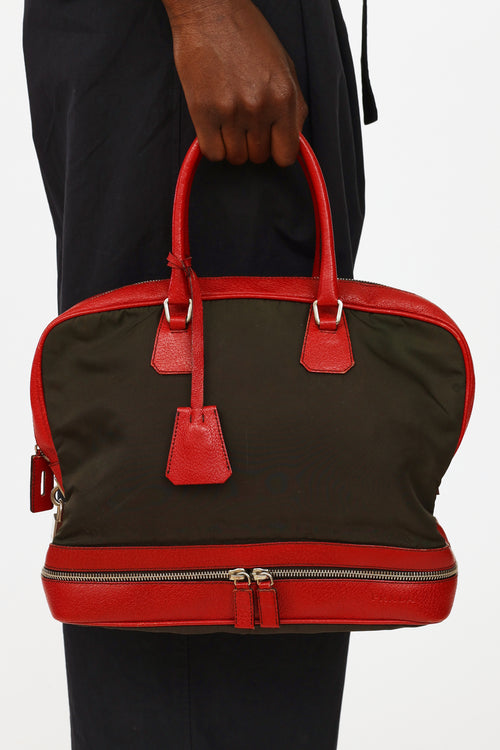 Prada Green 
Red Nylon Bowler Bag