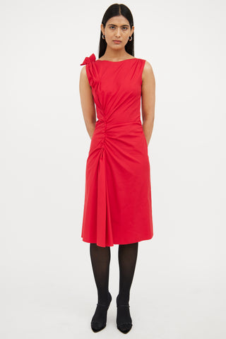 Prada Red Asymetrical Gathered Midi Dress