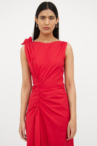 Prada Red Asymetrical Gathered Midi Dress