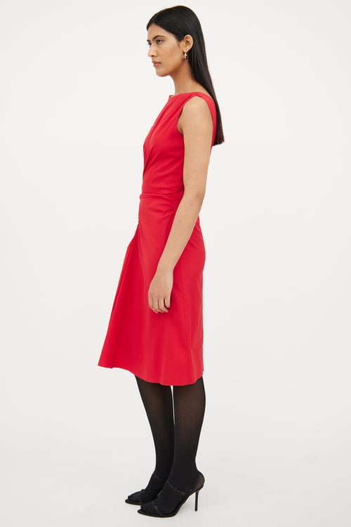 Prada Red Asymetrical Gathered Midi Dress