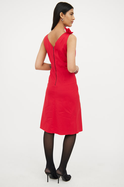 Prada Red Asymetrical Gathered Midi Dress