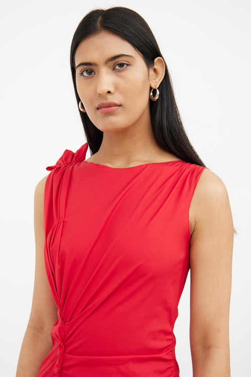 Prada Red Asymetrical Gathered Midi Dress