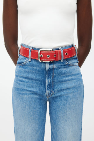 Prada Red 
Silver Buckle Leather Belt