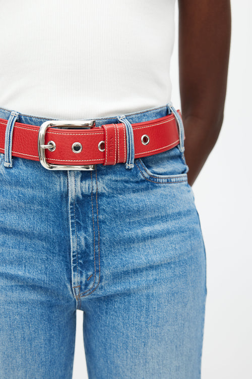 Prada Red 
Silver Buckle Leather Belt