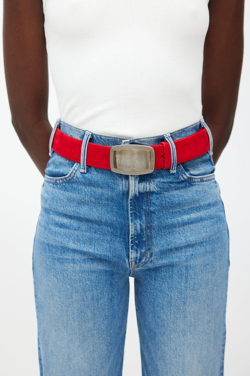 Prada Red 
Silver Plate Buckle Suede Belt