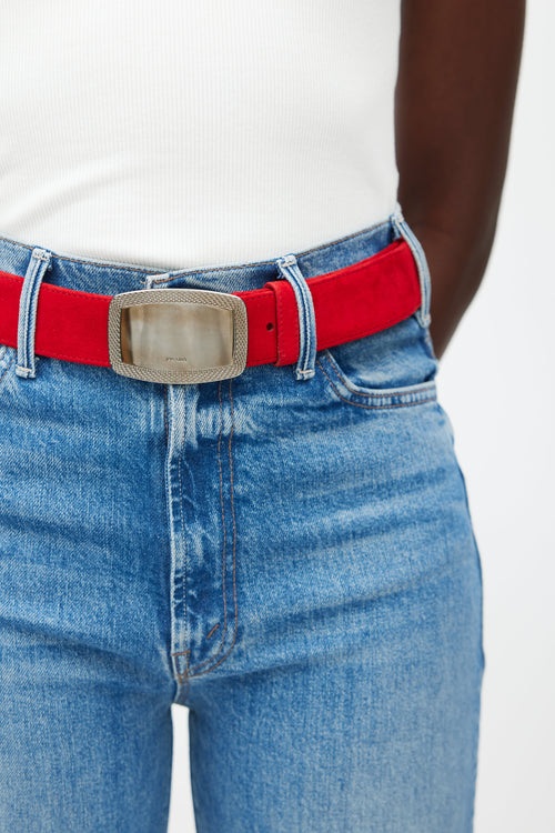 Prada Red 
Silver Plate Buckle Suede Belt