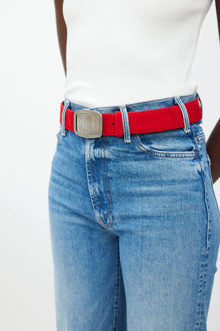 Prada Red 
Silver Plate Buckle Suede Belt