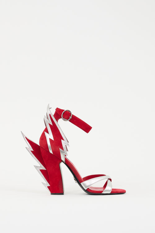 Prada Red Suede 
Silver Leather Flame Heel