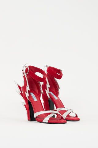 Prada Red Suede 
Silver Leather Flame Heel