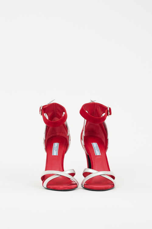 Prada Red Suede 
Silver Leather Flame Heel