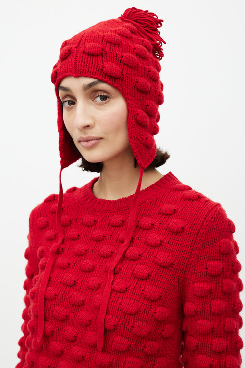 Prada Red Wool Bobble Knit Sweater 
Hat Set