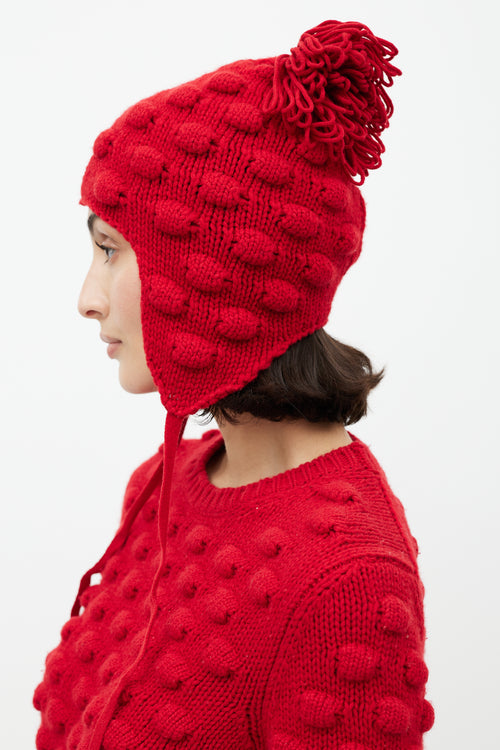 Prada Red Wool Bobble Knit Sweater 
Hat Set