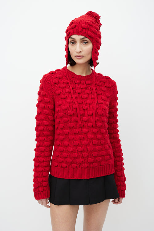 Prada Red Wool Bobble Knit Sweater 
Hat Set