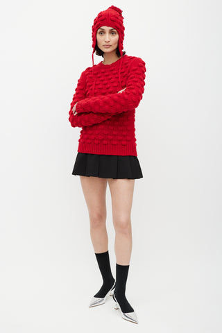 Prada Red Wool Bobble Knit Sweater 
Hat Set